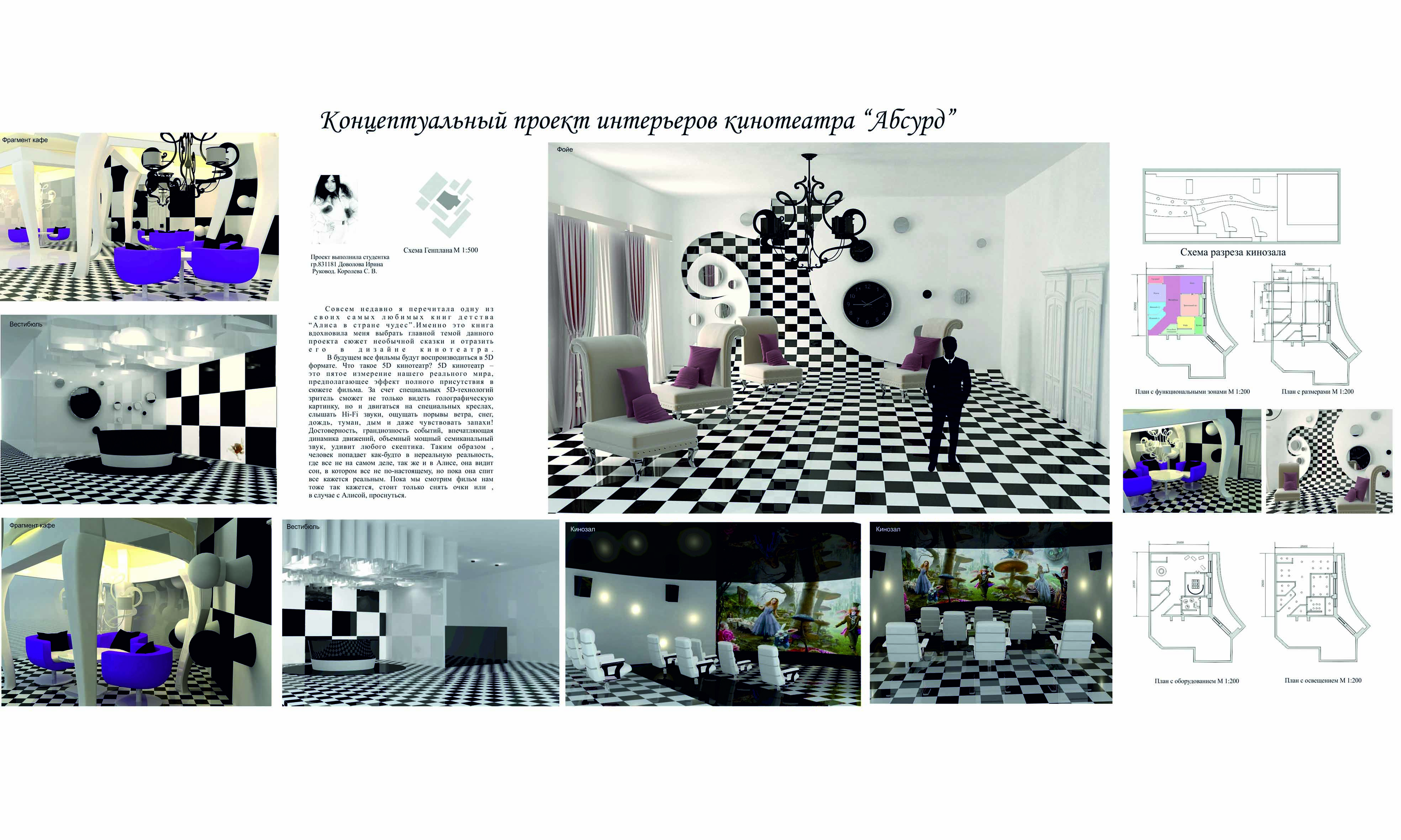 «Концептуальный проект интерьеров кинотеатра «Абсурд». Автор: Доволова И.